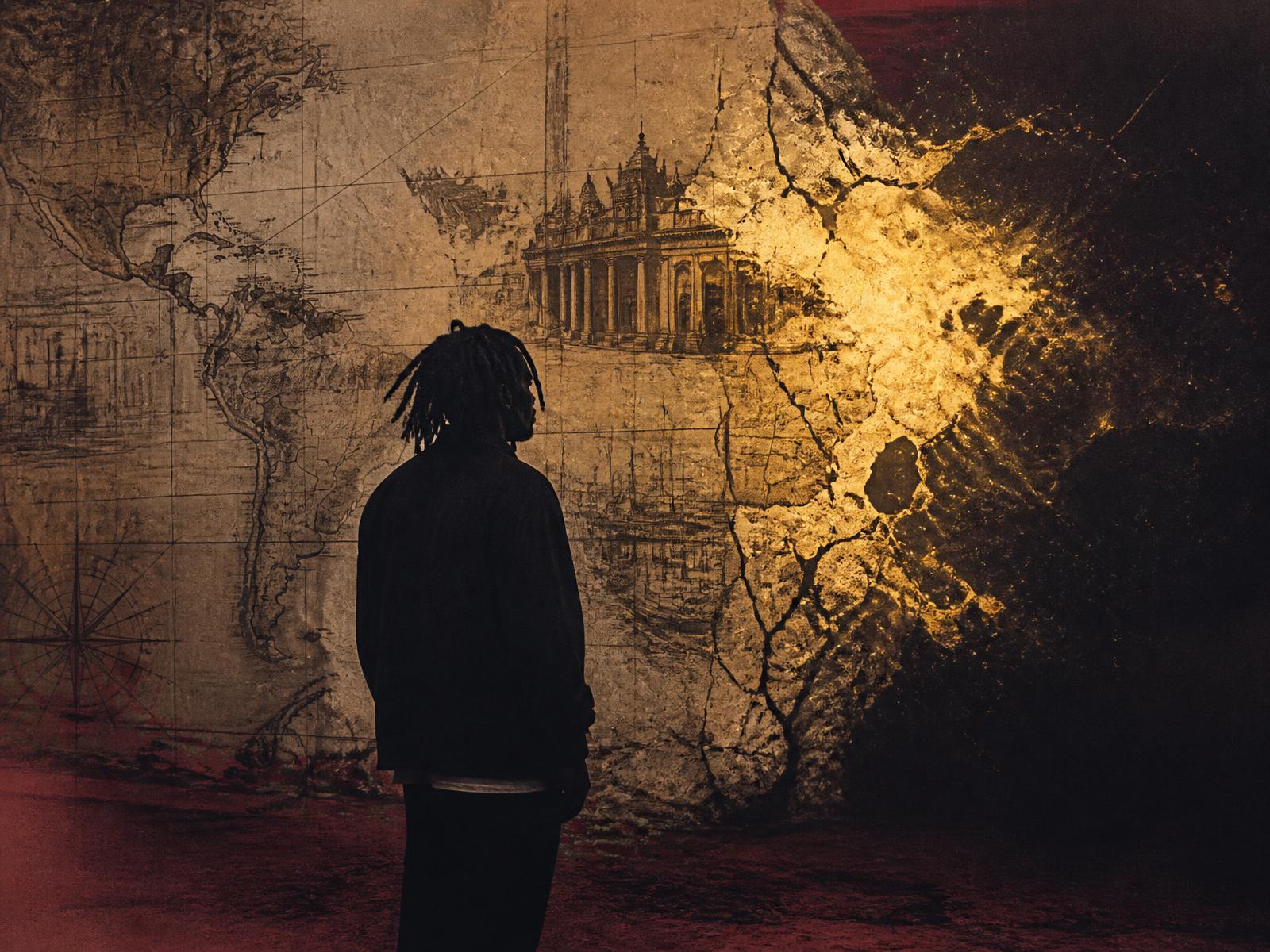 A silhouetted figure before a cracked colonial map glowing gold