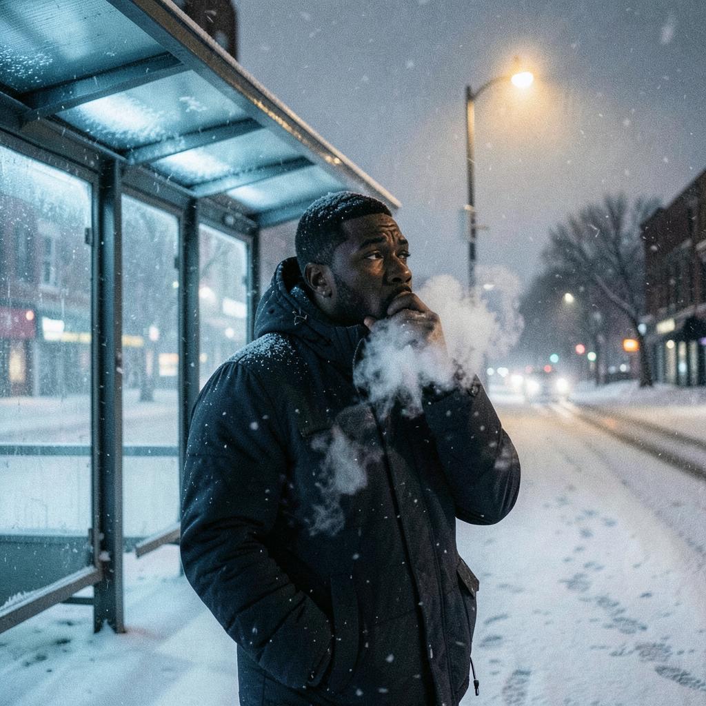 A man waiting at a snow-covered bus shelter at night