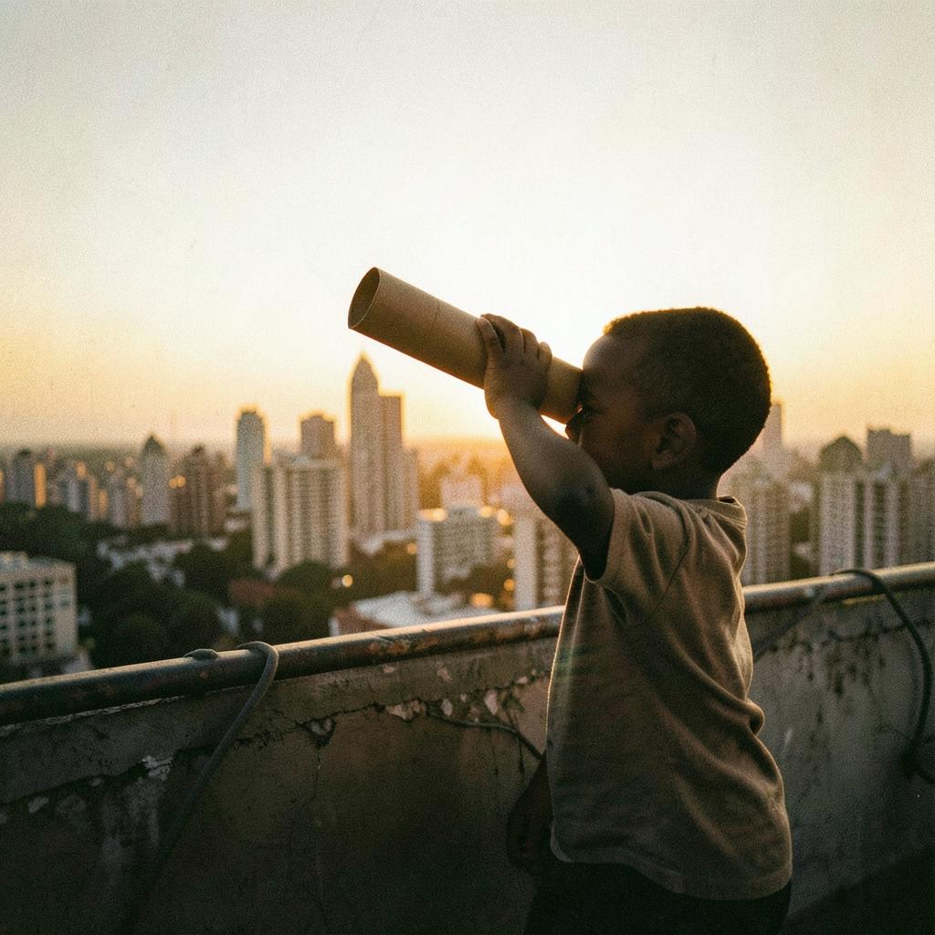 A child on a rooftop watching a golden skyline through a cardboard telescope