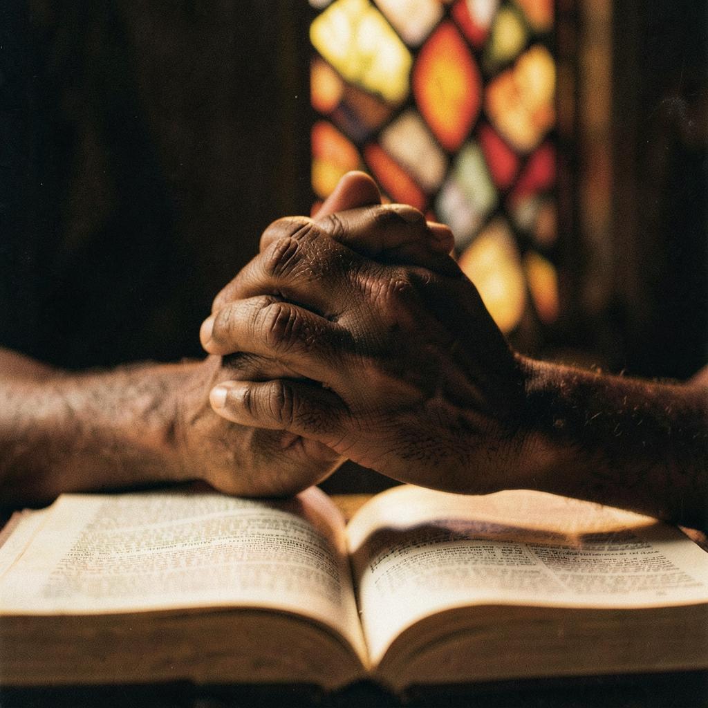 Weathered hands clasped in prayer over an open Bible in stained-glass light
