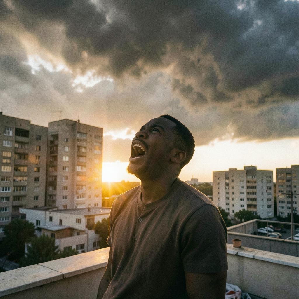 A young man shouting toward a sky split between sunrise and storm