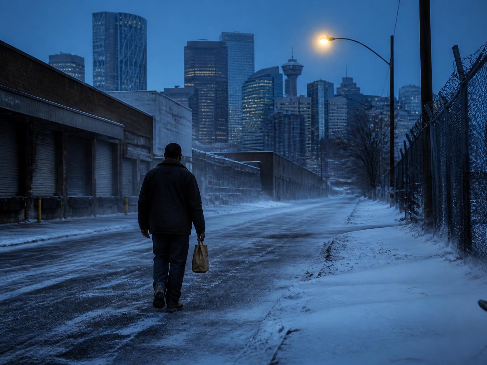 A lone worker walking toward the Calgary skyline through a winter industrial street