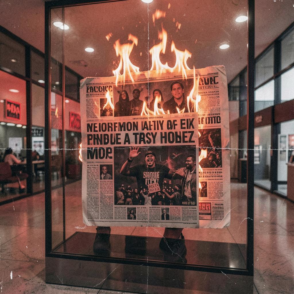 A burning newspaper displayed behind glass in a corporate lobby