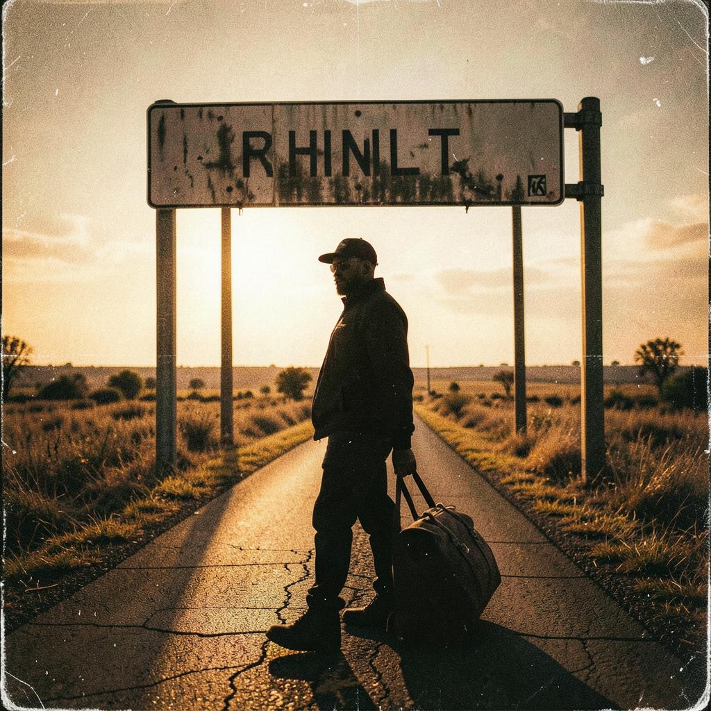 A traveller with a duffel bag under a weathered highway sign at dusk