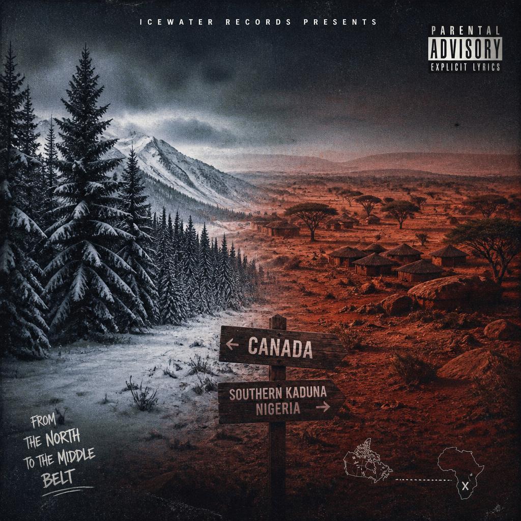 A snow-covered Canadian pine forest blending into the red dust landscape of Southern Kaduna, Nigeria