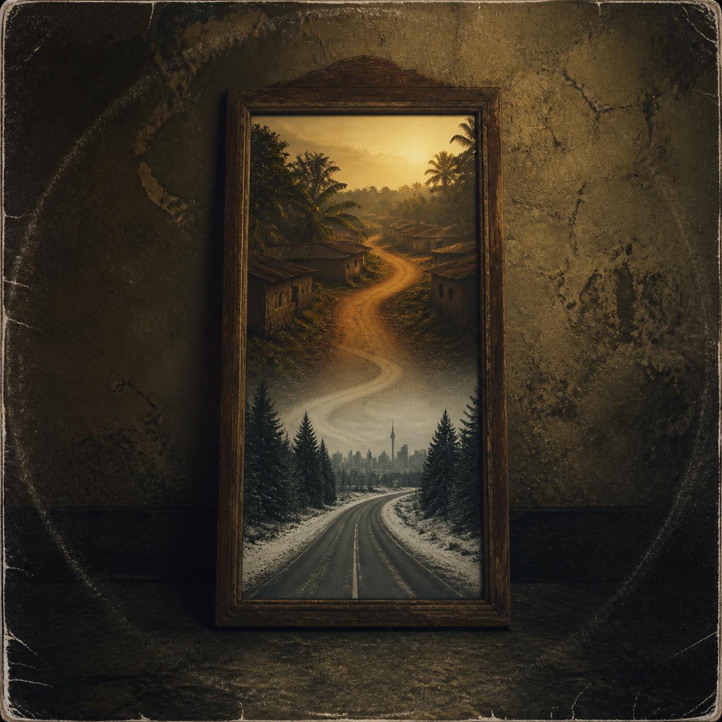 A weathered mirror reflecting a road from West Africa into a wintry Canadian city